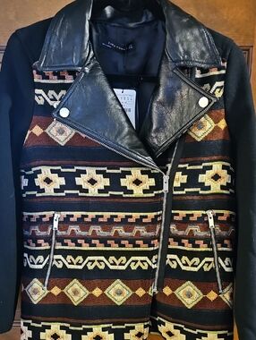 Zara Black Leather-Collar Aztec Pattern Jacket